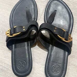 Tory Burch Black Sandals with Gold Accents size 9.5 worn ONCE